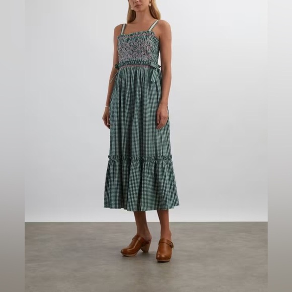HUNTER BELL Dresses & Skirts - Hunter Bell Larissa Green White Gingham Midi Dress Smocked embroidered tie